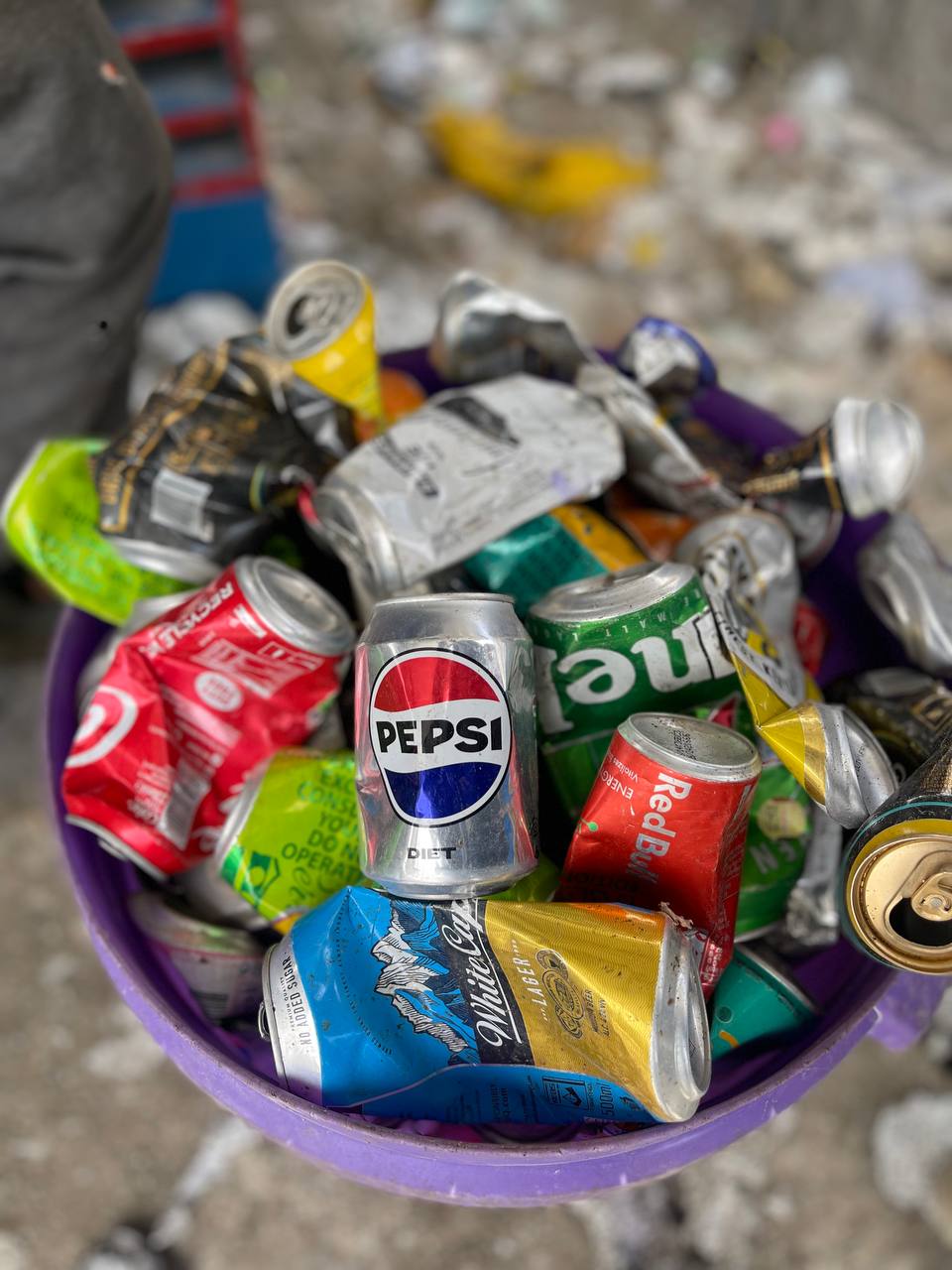 Collected aluminium cans ready for weighing at NUEF Technology