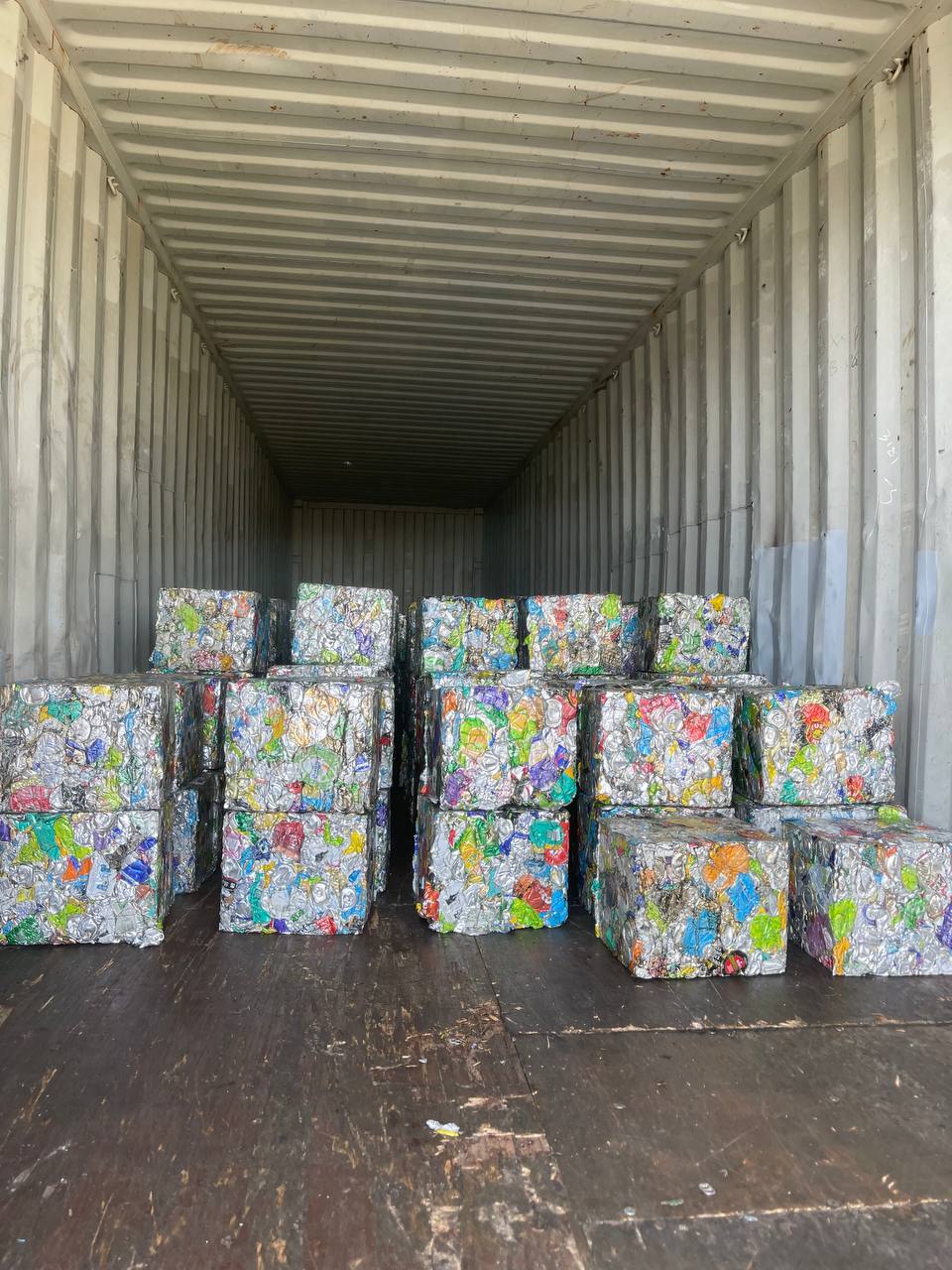 Export container loaded with baled aluminium cans