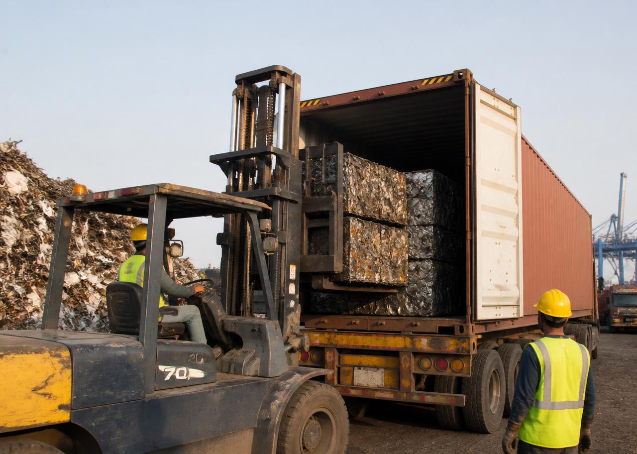 Export container being stuffed with graded metal
