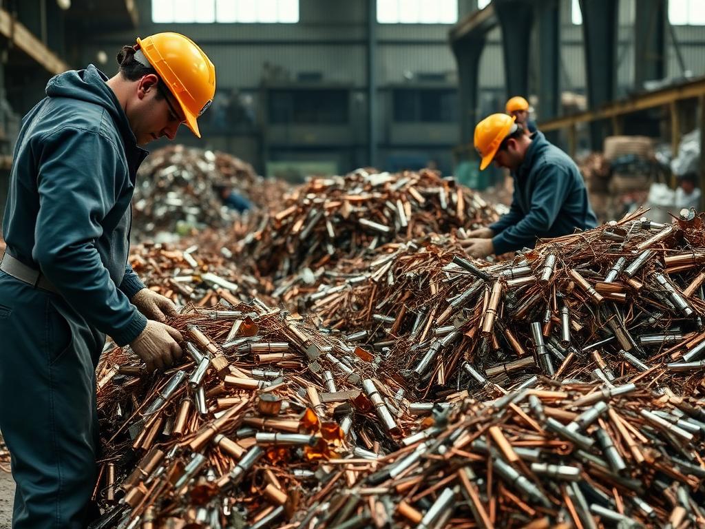 Workers hand-sorting copper and aluminium into grade piles